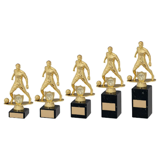GOLD/BLK PLASTIC MALE FOOTBALL FIGURE ON BLK MARBLE TROPHY (1in CEN)