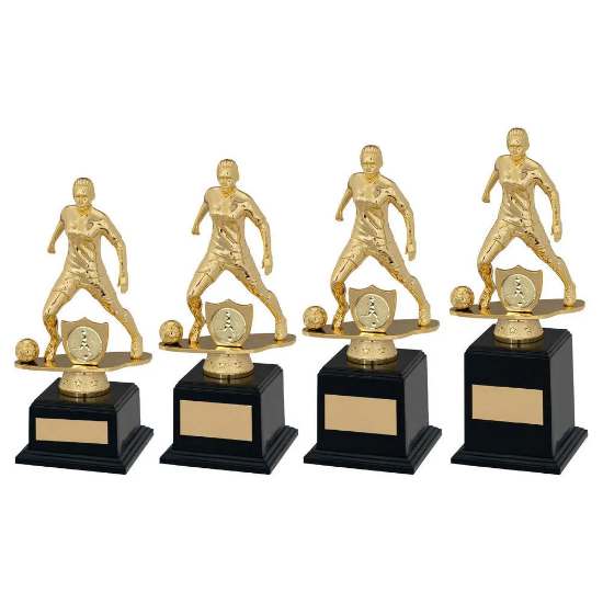 GOLD/BLACK PLASTIC FEMALE FOOTBALL FIGURE ON FILLED BASE (1in CEN)