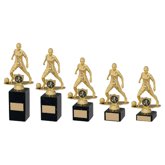 GOLD/BLK PLASTIC FEMALE FOOTBALL FIGURE ON BLK MARBLE TROPHY (1in CEN)