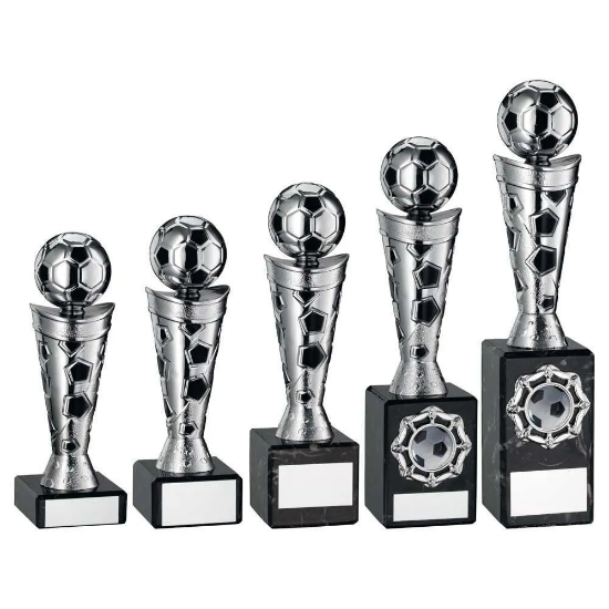 SILVER/BLACK PLASTIC FOOTBALL FIGURE ON BLACK MARBLE TROPHY