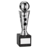 SILVER/BLACK PLASTIC FOOTBALL FIGURE ON BLACK MARBLE TROPHY - (1in CEN) 10in