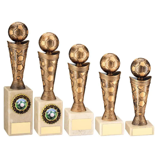 BRONZE/GOLD PLASTIC FOOTBALL FIGURE ON CREAM MARBLE TROPHY