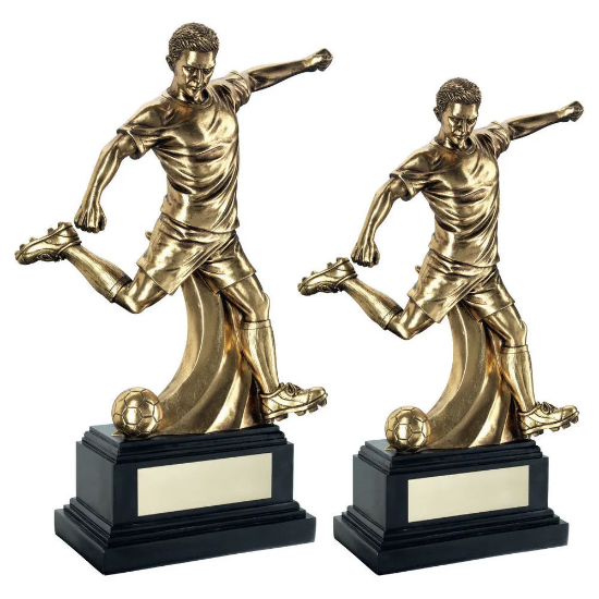 ANTIQUE GOLD PREMIUM MALE FOOTBALL FIGURE ON BLACK BASE WITH PLATE