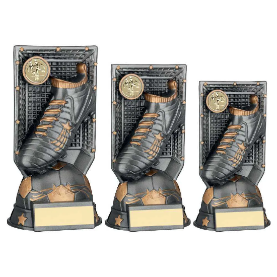 GUNMETAL GREY/GOLD FILLED PLASTIC FOOTBALL BOOT ON NET & PLATE (1in CEN)