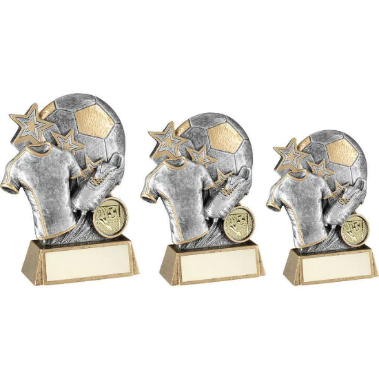 PEW/GOLD FOOTBALL WITH BOOT AND SHIRT ON BRZ BASE WITH PLATE (1in CEN)