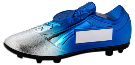FILLED PLASTIC FOOTBALLL BOOT IN SILVER/BLUE WITH PLATE (1" CEN) - 6.75 x 2.75in