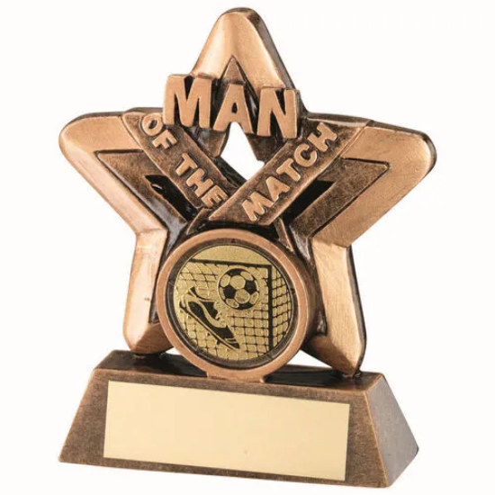 BRZ/GOLD MAN OF THE MATCH MINI STAR WITH FOOTBALL INSERT AND PLATE - 3.75in