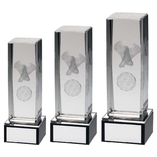 CLEAR GLASS LASE FOOTBALL COLUMN ON BLACK BASE WITH PLATE