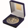 BLUE VELVET BOX AND 70mm MEDALLION FOOTBALL TROPHY ANTIQUE GOLD - 4in