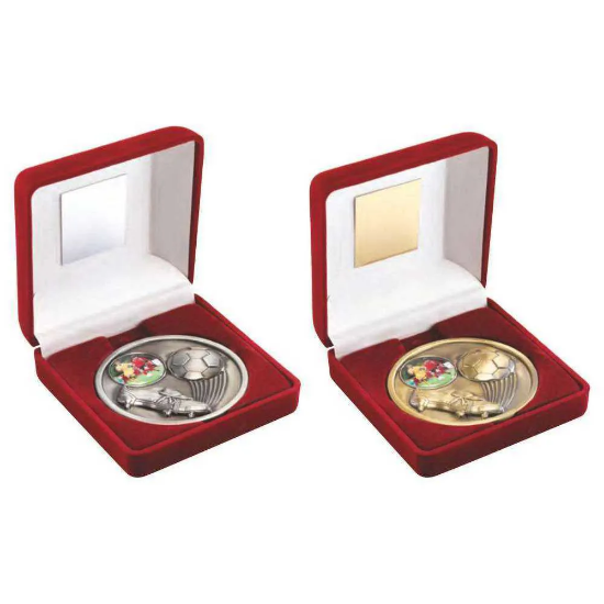 VELVET BOX AND 70mm MEDALLION FOOTBALL TROPHY (1" CEN) ANTIQUE SILV
