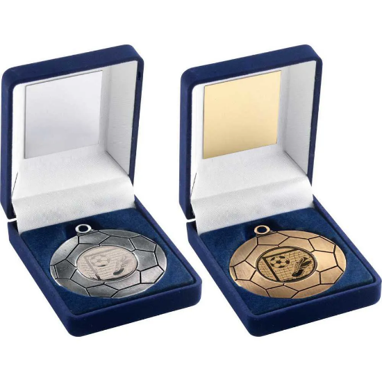 VELVET BOX AND 50mm FOOTBALL MEDAL TROPHY ANTIQUE SILVER (1in CEN)