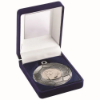 BLUE VELVET BOX AND 50mm FOOTBALL MEDAL TROPHY ANTIQUE SILVER (1in CEN) - 3.5in