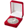 RED VELVET BOX AND 50mm FOOTBALL MEDAL TROPHY MATT SILVER/SILVER - 3.5in