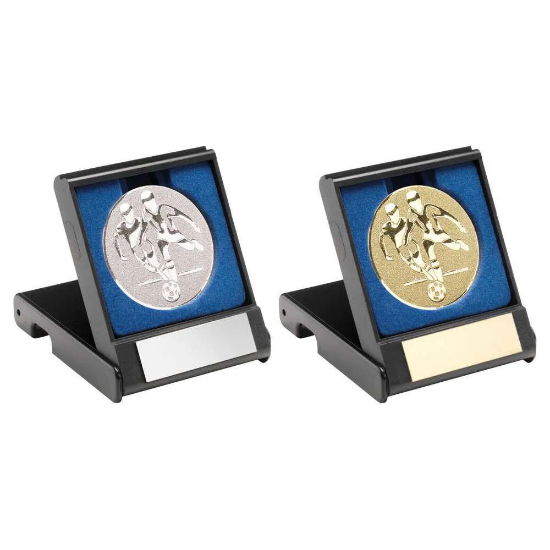 BLACK PLASTIC BOX WITH FOOTBALL PLAYERS INSERT SILVER