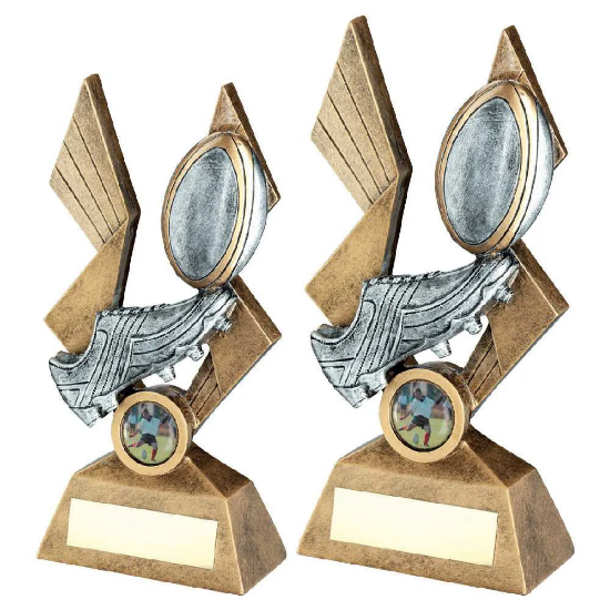 BRZ/PEW/GOLD RUGBY BALL AND BOOT ON POINTED BACKDROP WITH PLATE (1in CEN)