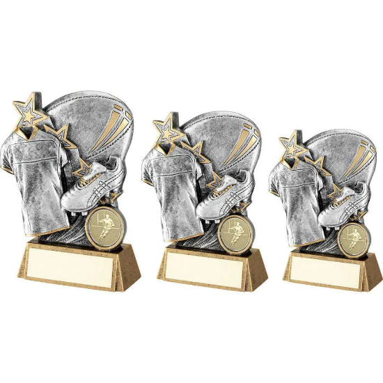 PEW/GOLD RUGBY BALL WITH BOOT/SHIRT ON BRZ BASE WITH PLATE (1in CEN)