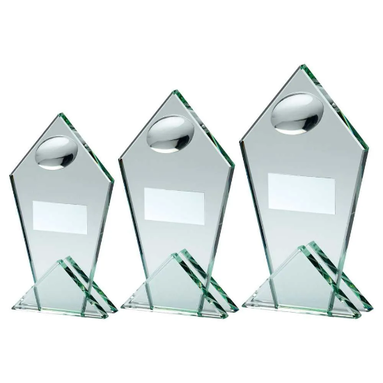 JADE GLASS POINTED PLAQUE WITH HALF RUGBY BALL AND PLATE