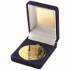 BLUE VELVET BOX AND 50mm MEDAL RUGBY TROPHY GOLD - 3.5in