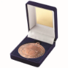 BLUE VELVET BOX AND 50mm MEDAL RUGBY TROPHY BRONZE - 3.5in