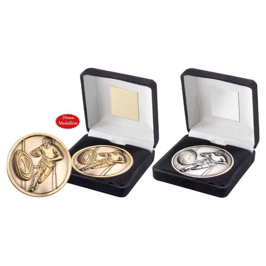 BLACK VELVET BOX AND 70mm MEDALLION RUGBY TROPHY ANTIQUE SILVER