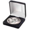 BLACK VELVET BOX AND 70mm MEDALLION RUGBY TROPHY ANTIQUE SILVER - 4in