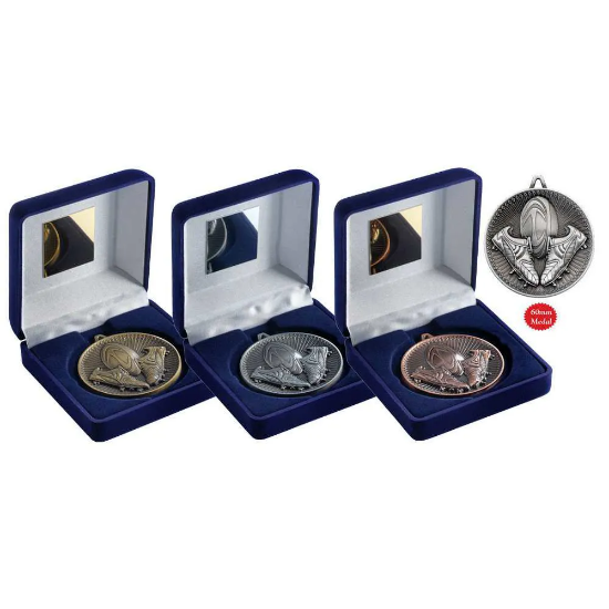 VELVET BOX AND 60mm MEDAL RUGBY TROPHY BRONZE