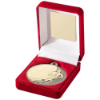 RED VELVET BOX AND 50mm RUGBY MEDAL TROPHY MATT SILVER/GOLD - 3.5in