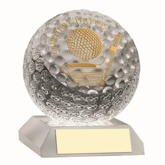 CLEAR GLASS GOLF BALL WITH PLATE LONGEST DRIVE - 3.75in