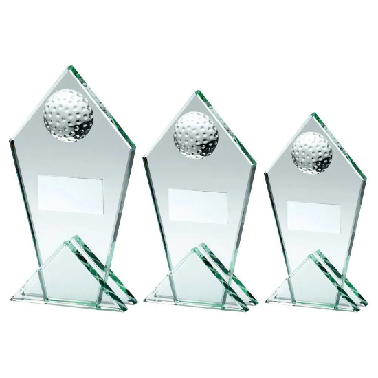 JADE GLASS POINTED PLAQUE WITH HALF GOLF BALL AND PLATE