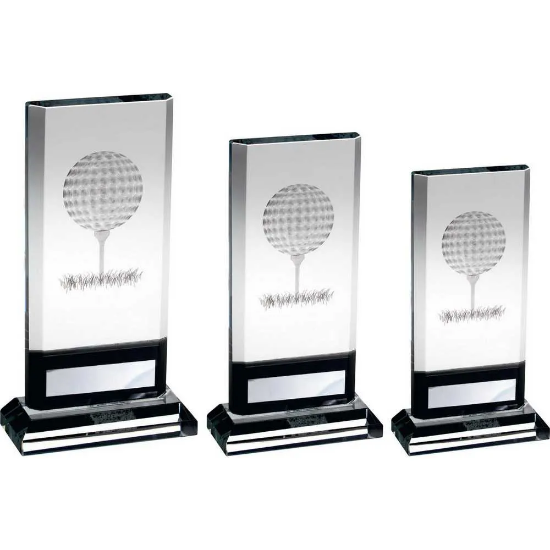 CLEAR/BLACK GLASS PLAQUE WITH LASE GOLF IMAGE AND PLATE (15mm THICK)