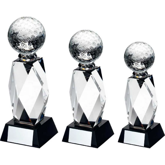 CLEAR GLASS COLUMN AND GOLF BALL BLACK BASE WITH PLATE