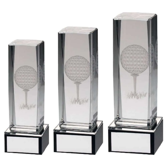 CLEAR GLASS LASE GOLF COLUMN ON BLACK BASE WITH PLATE