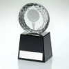 CLEAR GLASS GOLF CIRCLE WITH IMAGE ON BLACK PLINTH AND PLATE - 5.5in
