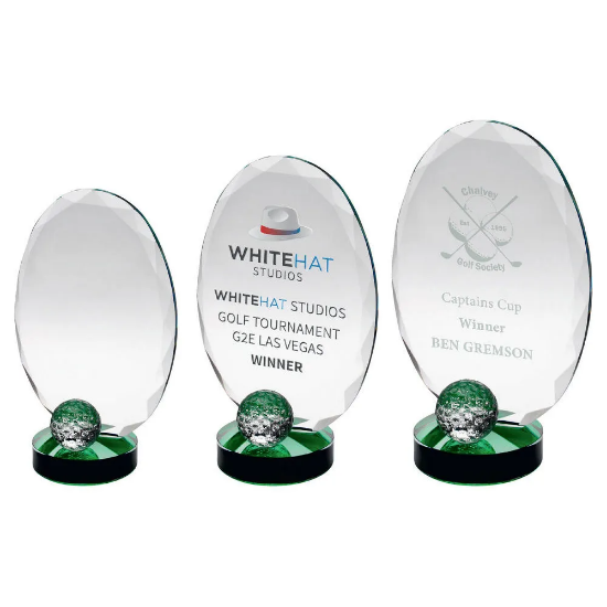 CLEAR GLASS OVAL AND GOLF BALL WITH GREEN HIGHLIGHTS (10mm THICK)