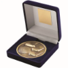 BLUE VELVET BOX AND 70mm MEDALLION GOLF TROPHY ANTIQUE GOLD - 4in