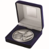 BLUE VELVET BOX AND 70mm MEDALLION GOLF TROPHY ANTIQUE SILVER - 4in