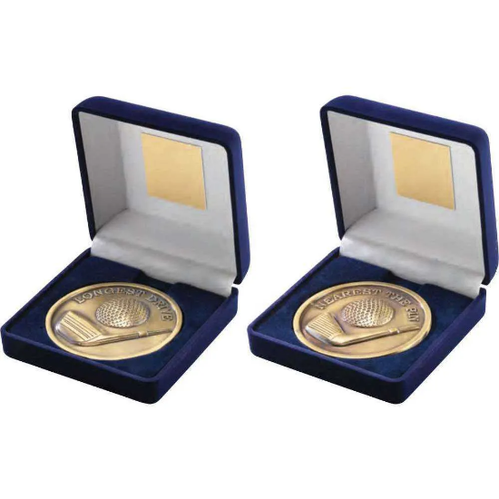 VELVET BOX AND 70mm MEDALLION GOLF TROPHY ANTIQUE GOLD NEAREST THE PIN