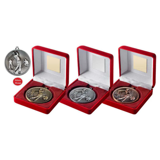 VELVET BOX AND 60mm MEDAL GOLF TROPHY BRONZE