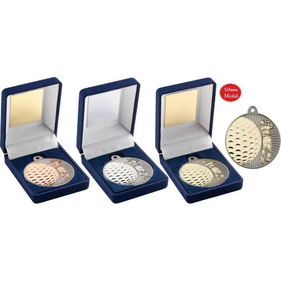 VELVET BOX AND 50mm GOLF MEDAL TROPHY MATT SILVER/SILVER