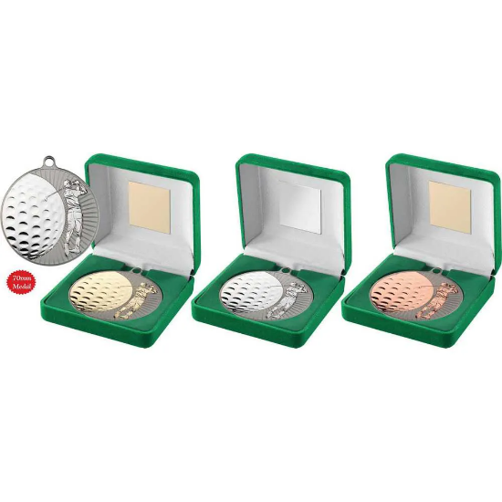 GREEN VELVET BOX AND 70mm GOLF MEDAL TROPHY MATT SILVER/SILVER