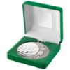 GREEN VELVET BOX AND 70mm GOLF MEDAL TROPHY MATT SILVER/SILVER - 4in