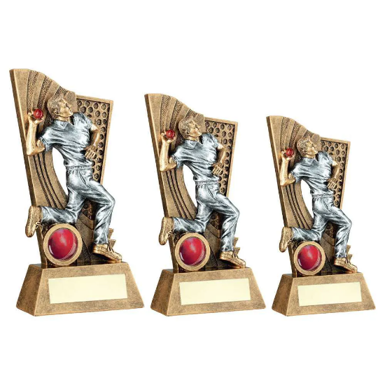 BRZ/PEW/ MALE CRICKET BOWLER ON BACKDROP WITH PLATE (1in CENTRE)