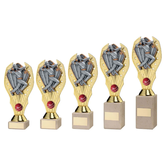 GOLD PLASTIC HOLDER + CRICKET BOWLER DISC & CREAM MARBLE TROPHY (1in CEN)