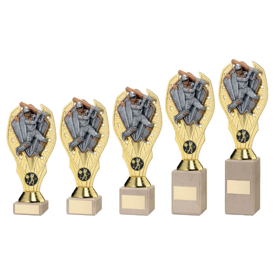 GOLD PLASTIC HOLDER + CRICKET BATSMAN DISC+CREAM MARBLE TROPHY (1in CEN)