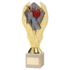 GOLD PLASTIC HOLDER + CRICKET DISC ON CREAM MARBLE TROPHY (1in CEN) - 7.75in