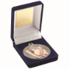 BLUE VELVET BOX AND 50mm CRICKET MEDAL TROPHY MATT SILVER/BRONZE - 3.5in
