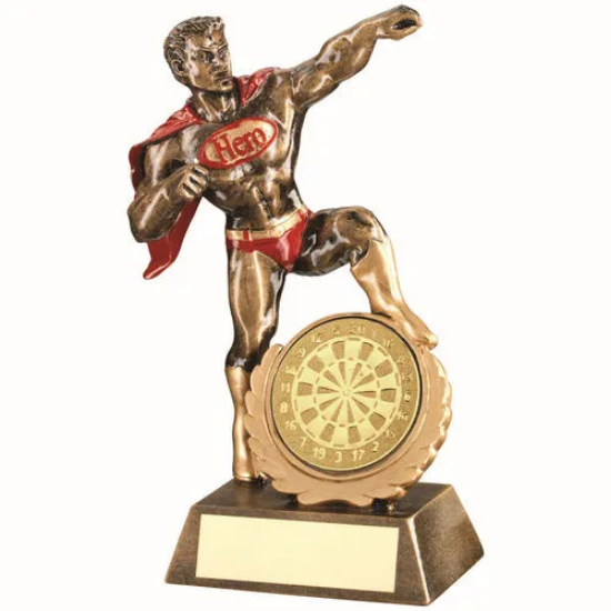 BRZ/GOLD/RED RESIN MALE HERO AWARD WITH DARTS INSERT - 7.25in