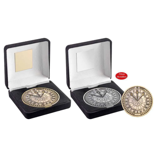 BLACK VELVET BOX AND 70mm MEDALLION DARTS TROPHY ANTIQUE SILVER