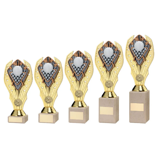 GOLD PLASTIC HOLDER + SNOOKER DISC ON CREAM MARBLE TROPHY (1in CEN)