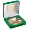 GREEN VELVET BOX AND 70mm MEDALLION POOL/SNOOKER TROPHY ANTIQUE GOLD - 4in